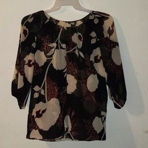 Talbots Sheer Floral Black Cream/White Maroon 3/4 Elastic Sleeve Womens Size Med